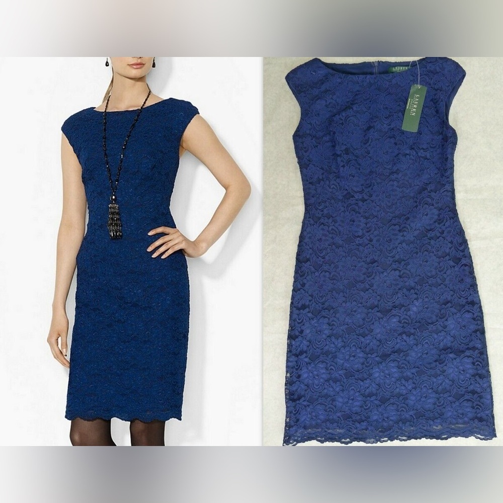 LAUREN RALPH LAUREN Womens Sheath Knee Length Dress Size 8 Navy Blue Lace